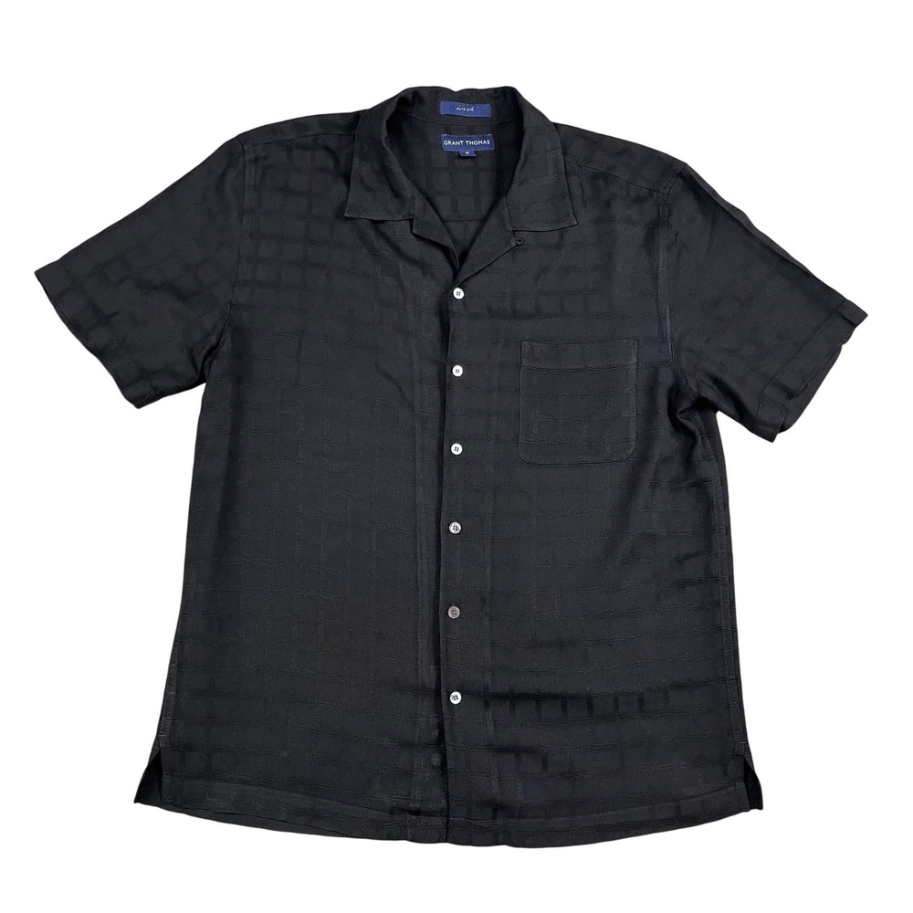 Grant Thomas Button Down Shirt Mens Medium 100% Pure Silk Black